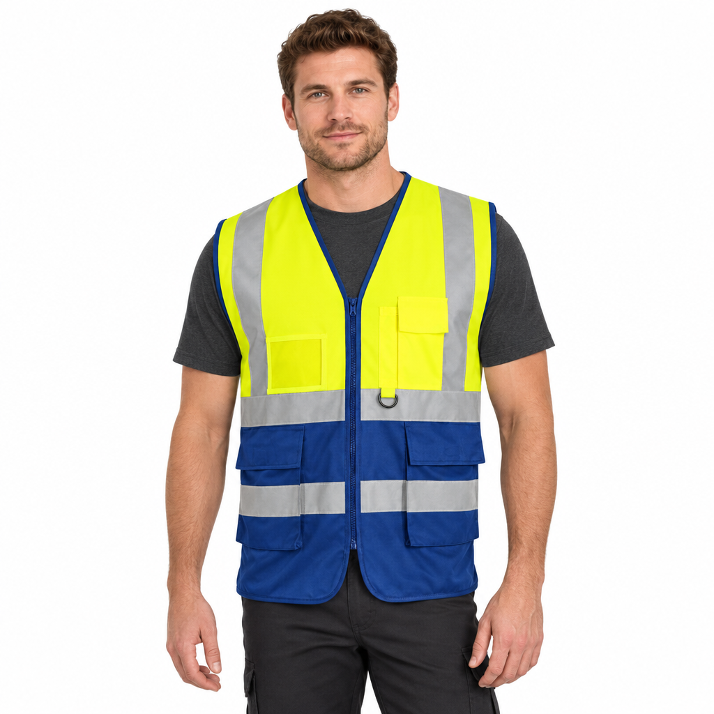 Yellow and royal blue waistcoat on a male model