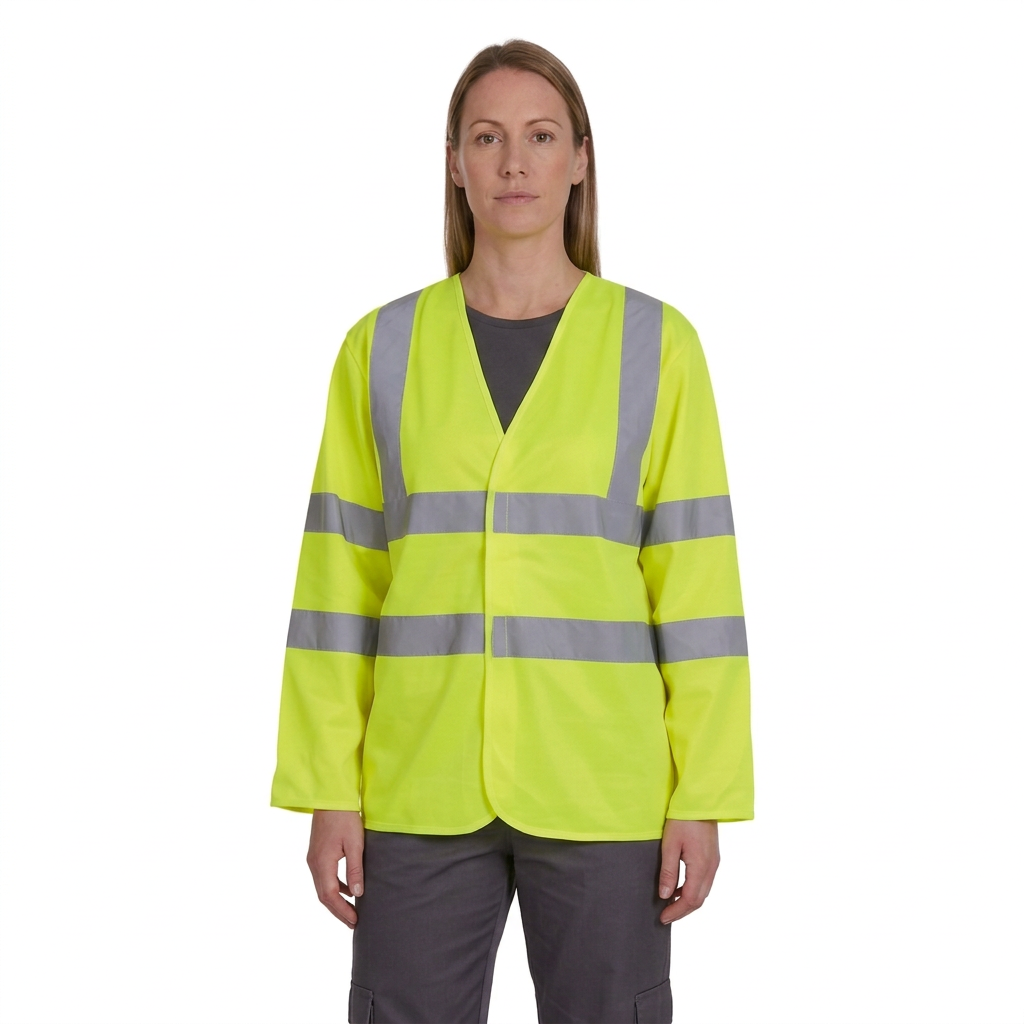 Yellow waistcoat model framed from full head to upper thighs